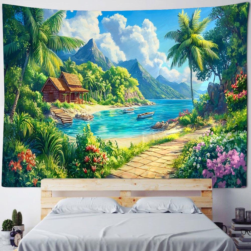 Schöne Küstenlandschaft Wandteppich Hängend Traumhafter Schloss-Wandteppich Haus Schlafzimmer Hängendes Tuch, Strand Picknickmatte Yogamatten
