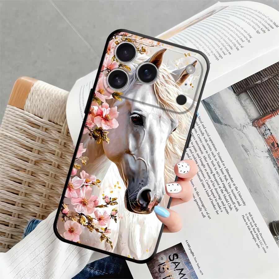 Animal Horse Pattern Black Soft Phone Cover Case for iPhone 15 16 14 Plus 7 8 13 12 11 17 Pro Max 17Air XR XS Max