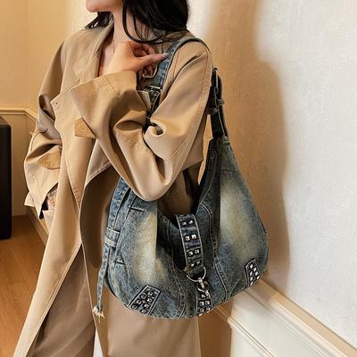 Borsa in Denim da Donna a Spalla Borsa Tote da Lavoro Borchiata