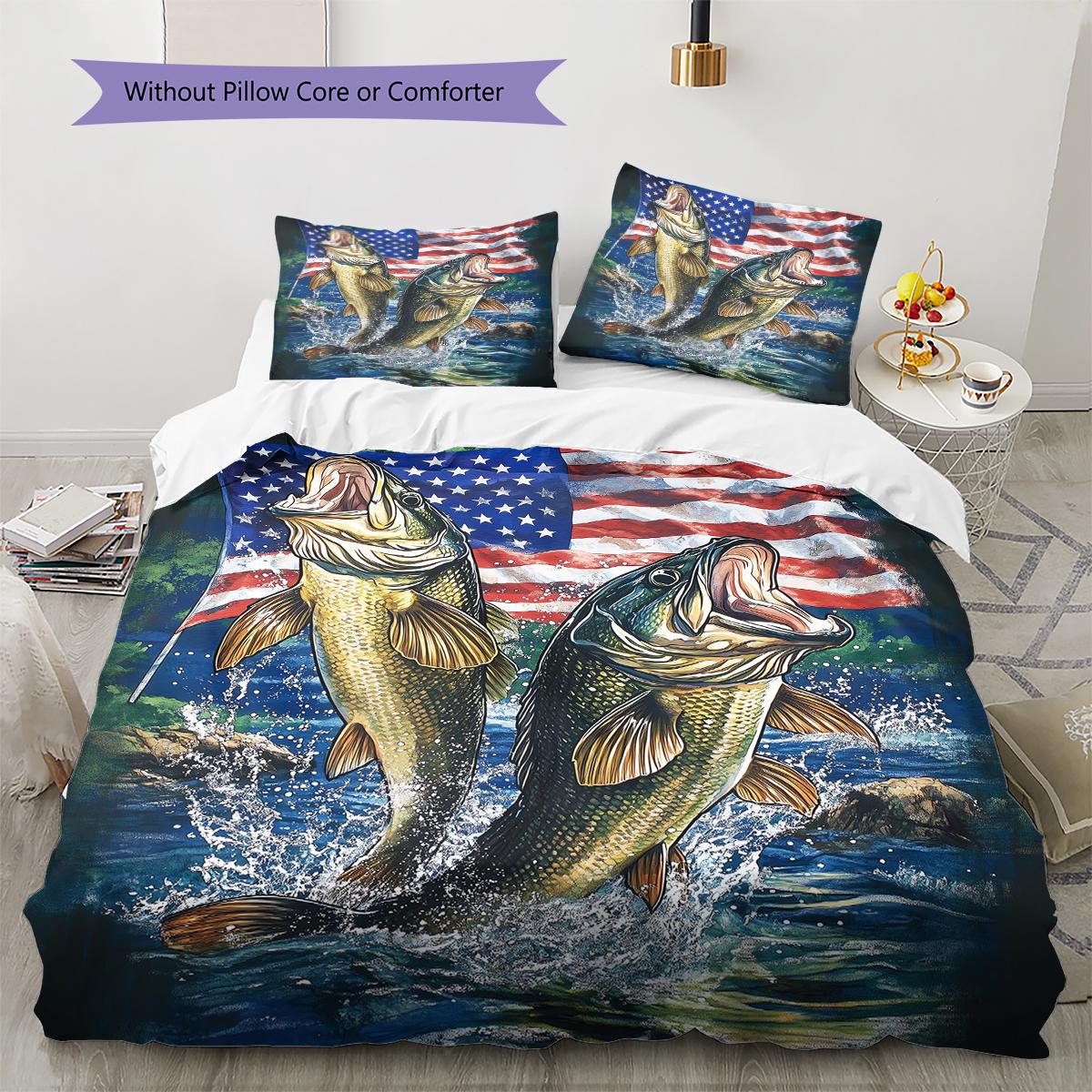 

American Bass Fishing Pattern Bedding Quilt Set Quilt Cover Pillowcase Home Decoration Gift (1 * duvet cover + 2 * pillowcase, without core) 135x200cm