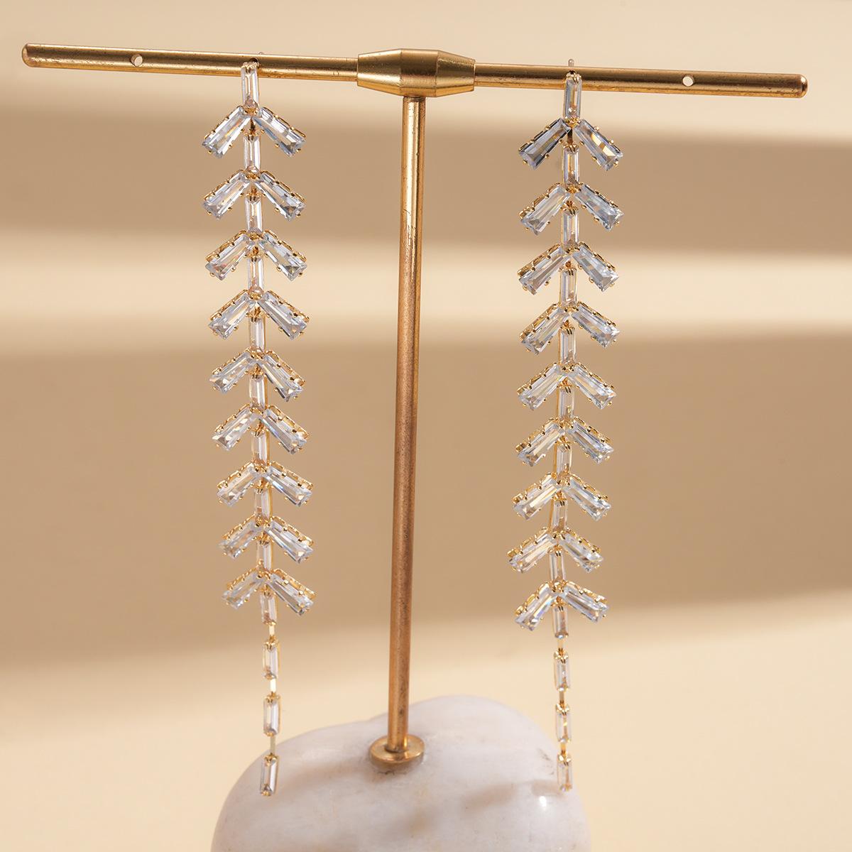 Silver needle zircon leaf fringed earrings stud earrings simple personalized earrings