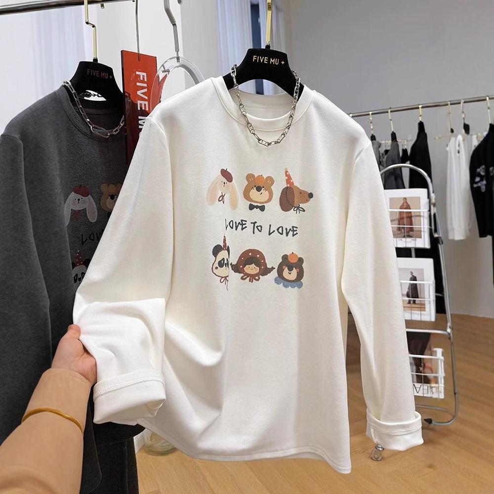 Women's Long Sleeve Top O Neck Casual Graphic Tee Loose Fit Cartoon Print Thermal Derun Fabric Winter Basic Shirt