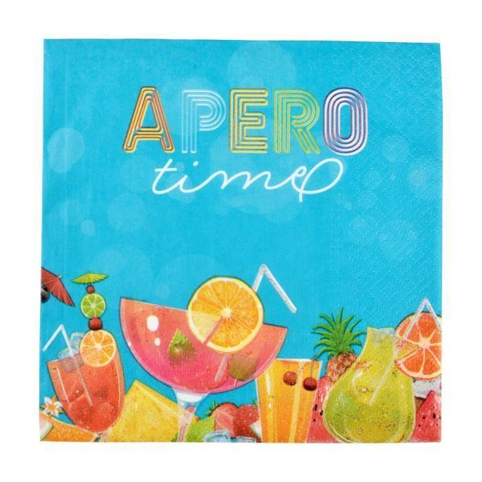 Serviettes en papier - Apero Time - Lot de 20 - 33x33 cm - Couleur Bleu - Pratiques pour pique-nique
