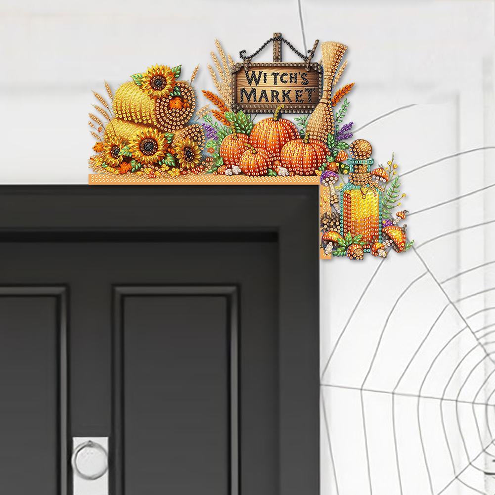 Pumpkin Diamond Painting Door Corner Sign Rhinestone Door Frame Decor 5D DIY Wooden Door Topper for Indoor Outdoor Wall