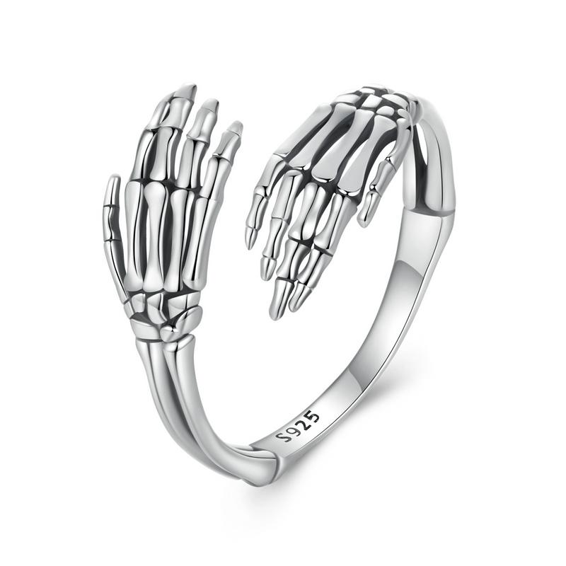 WOSTU 925 Sterling Silver Rose Skeleton Hand Open Ring For Women Punk Gift Wing Heart Adjustable Rings Party Jewelry Hip Hop