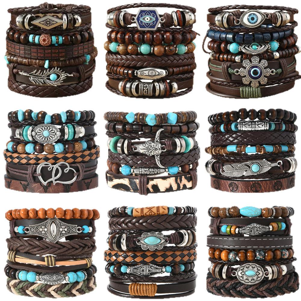 Cross-border beaded bracelet multi-layer vintage devil's eye love feather horn hand-woven multi-piece set