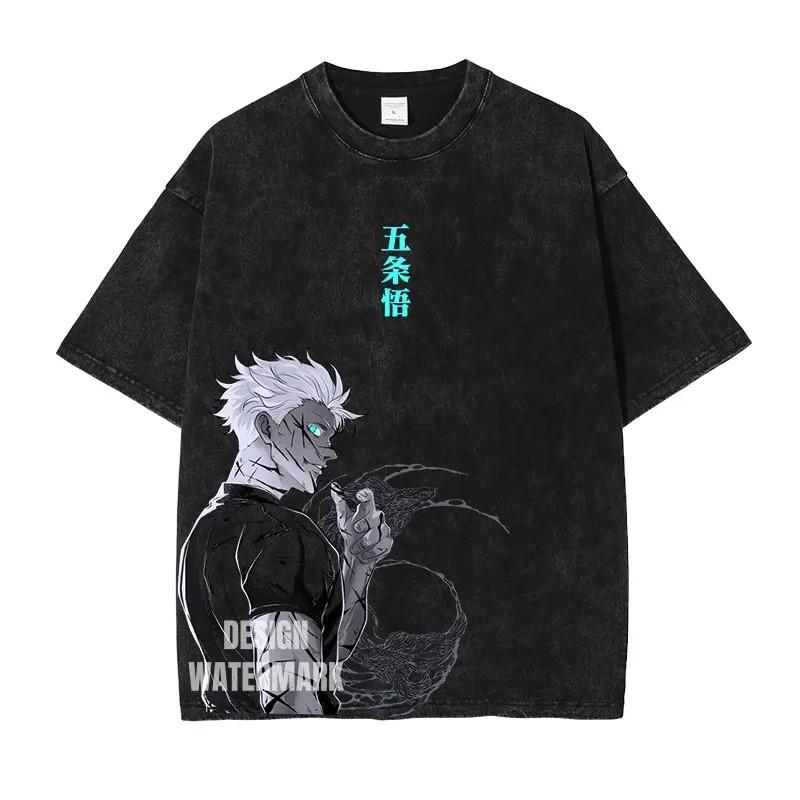 Neues Top Heißblütiger Anime Gojo Vintage Oversize T-Shirt Säuregewaschen Jujutsu Kaisen Herren Damen Baumwolle Harajuku Lässiges T-Shirt
