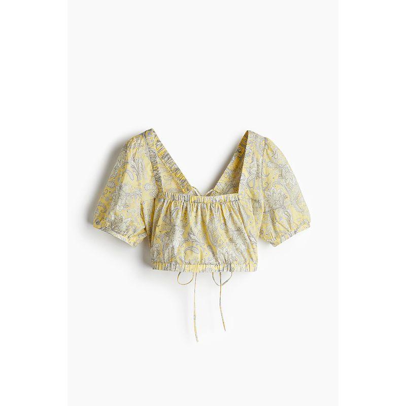 

HM Women s Clothing Fall 2025 New Arrival Lace-up Design Cotton Tops 1282790 Light yellow/Paisley Pattern 160/88