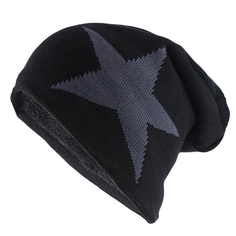 New Unisex Slouchy Winter Hats Five Star Pattern Warm Hats For Men Women Plush Fur Lined Fashion Ski Beanie Cap