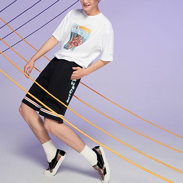 Li Ning Collaboration Sports Fashion Series Letter Print Loose Short Sweatpants Men Bottoms Black AKSR205-1