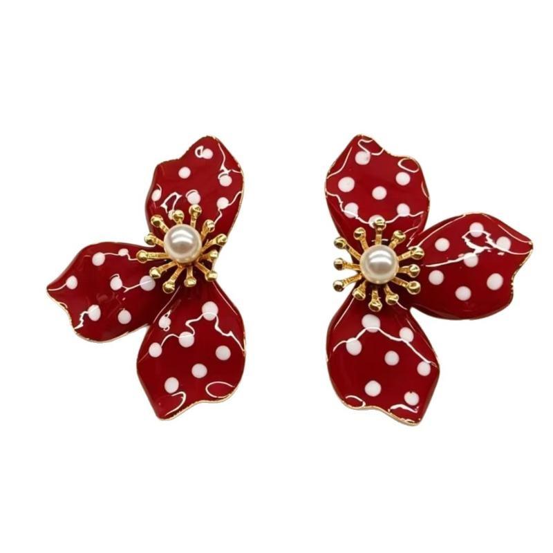 Orange Polka Dot Flower Stud Earrings Faux Pearl Center Gold Edged Sweet Style for Girls Daily Casual Outfits