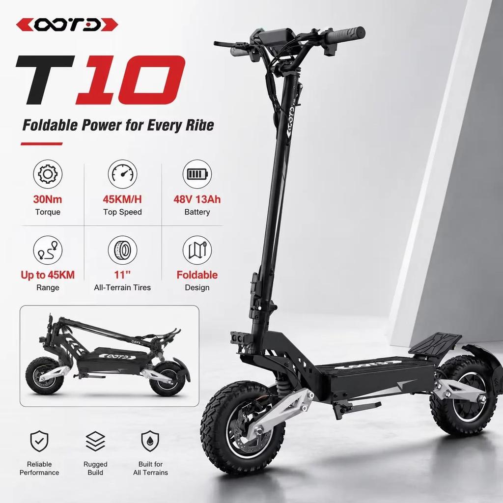 OOTD T10 900W Motor 48V13.5AH Electric Scooter Max Speed 50km/h Max Range 45km Led Display Hydraulic Brake Foldable E-scooter