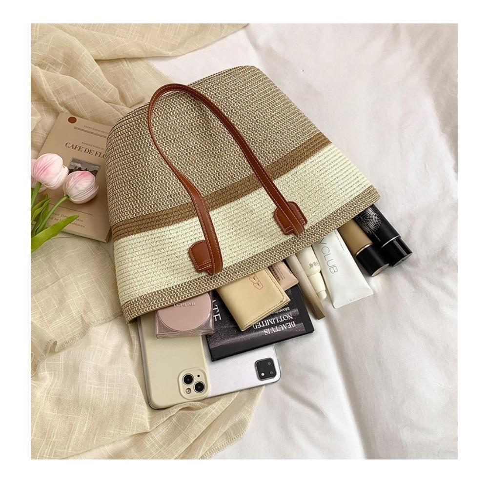 New Clash of Colours Summer Versatile Commuter Ladies Woven Tote Bag Simple Large-capacity Straw Bucket Bag