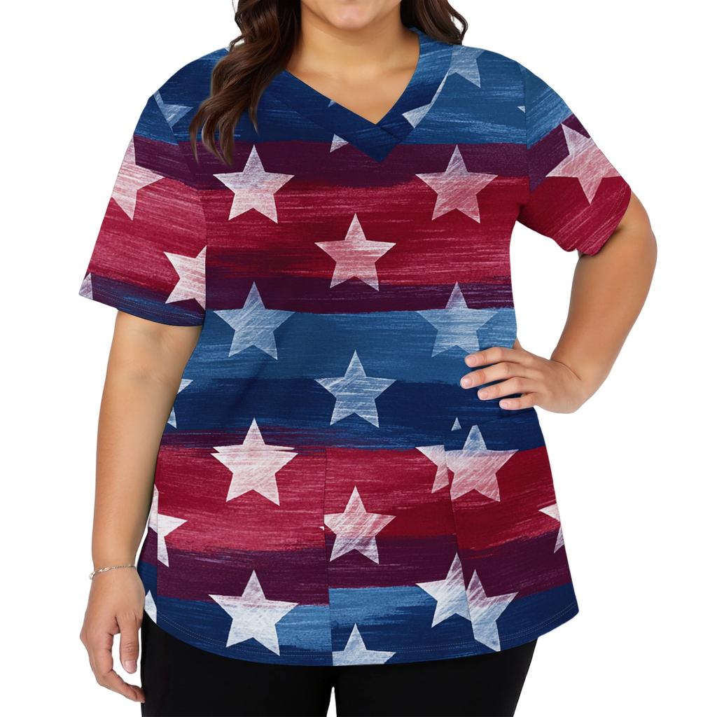 Women's Fashionable Casual Independence Day American Flag And Stars Print V-neck Short-Sleeved Work Shirt With Double Side Slits And Pockets
