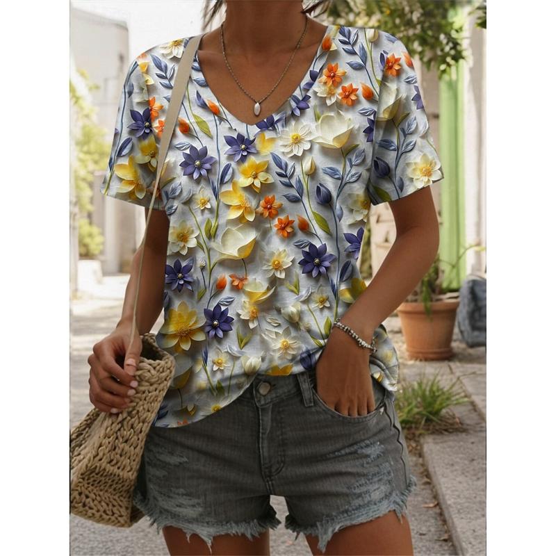 Women's T-Shirt 3D Gradient Flowers Floral Print Fashion Short Sleeved V-Neck Regular Tops Summer Women's T-Shirt Tops Clothing