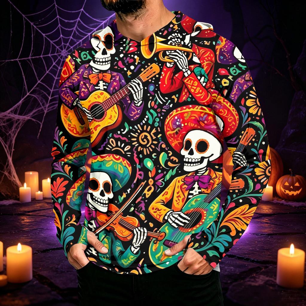 Men's Long Sleeve Hoodie Halloween Print Lightweight Pullover for Casual Wear