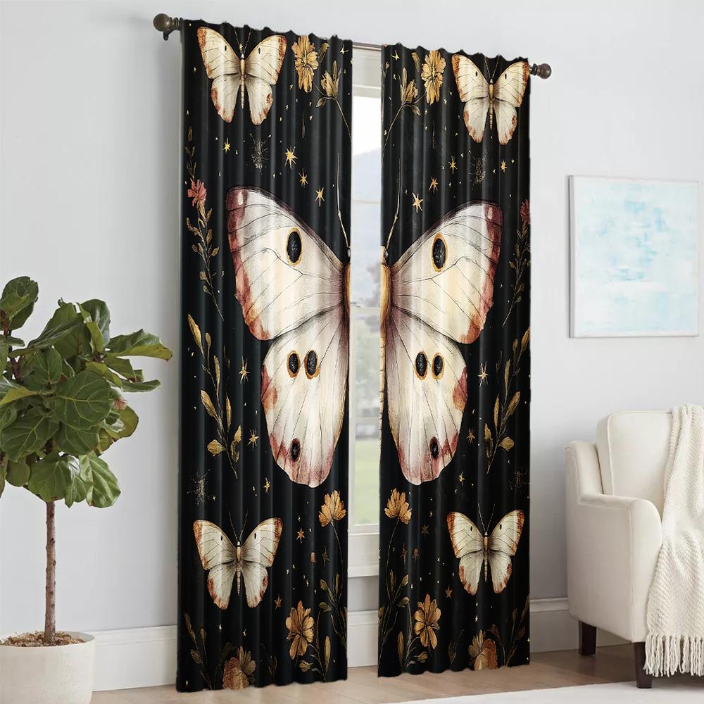 2 Pcs, Versatile Polyester Transparent Curtains for Home Decoration Vintage Black Butterfly & Floral Leaf Pee for Use In