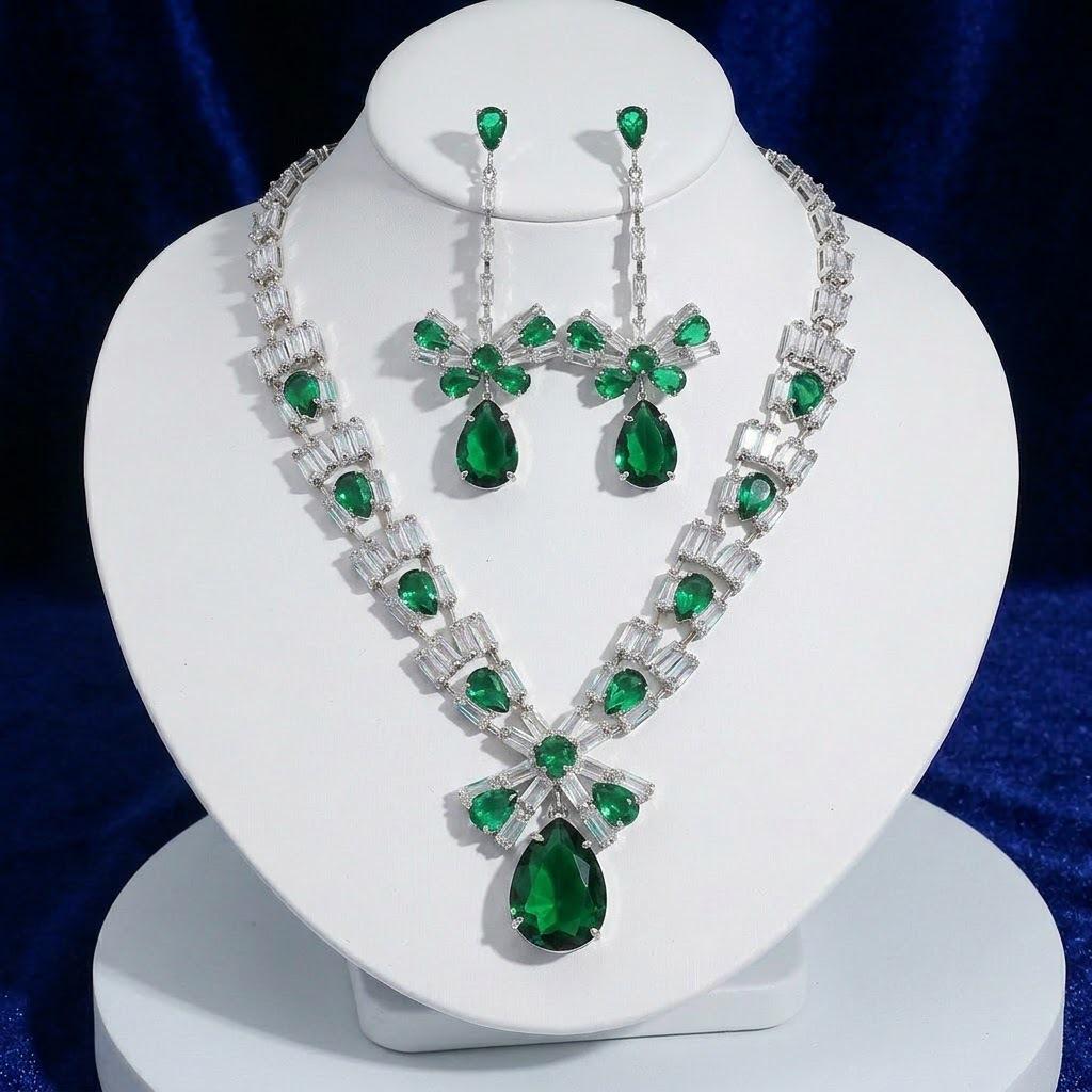 European and American Style Zircon Emerald Necklace and Earrings Set - Plum Blossom Design Clavicle Chain
