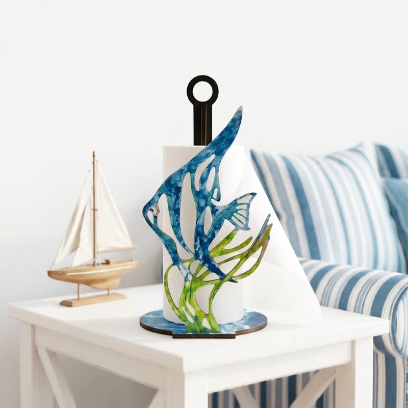 Paper Towel Holder with Wooden Fish and Seaweed Design, Freestanding Tabletop Roll Stand for Kitchen Counter and Dining Table, 10.15 Inch