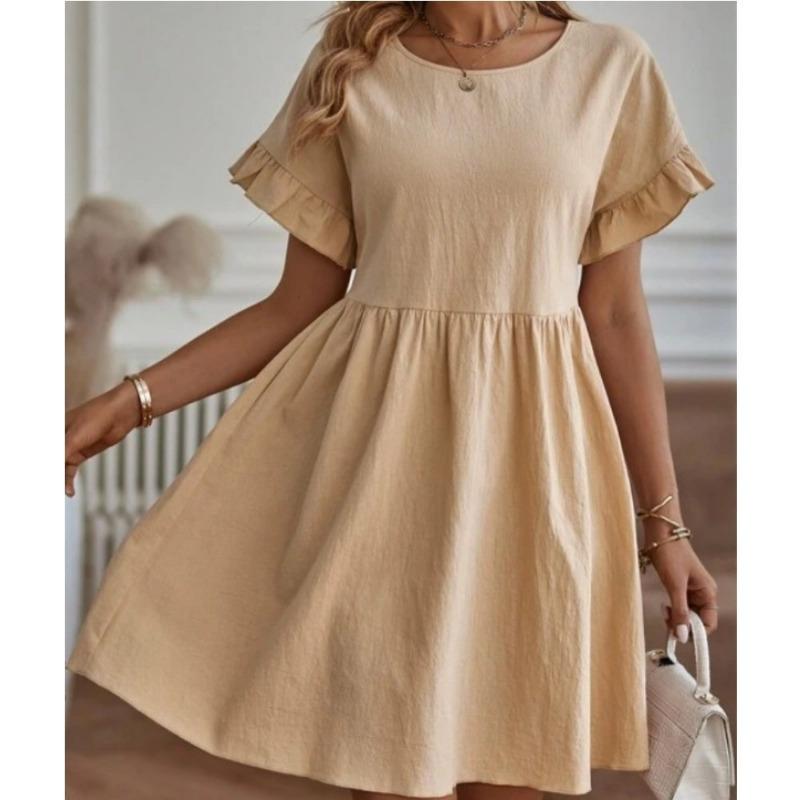 Summer Round Neck Short Sleeve Loose Dress Fashion Simple A-line Party Office Casual Short Dresses Elegant Ladies Women's Clothing