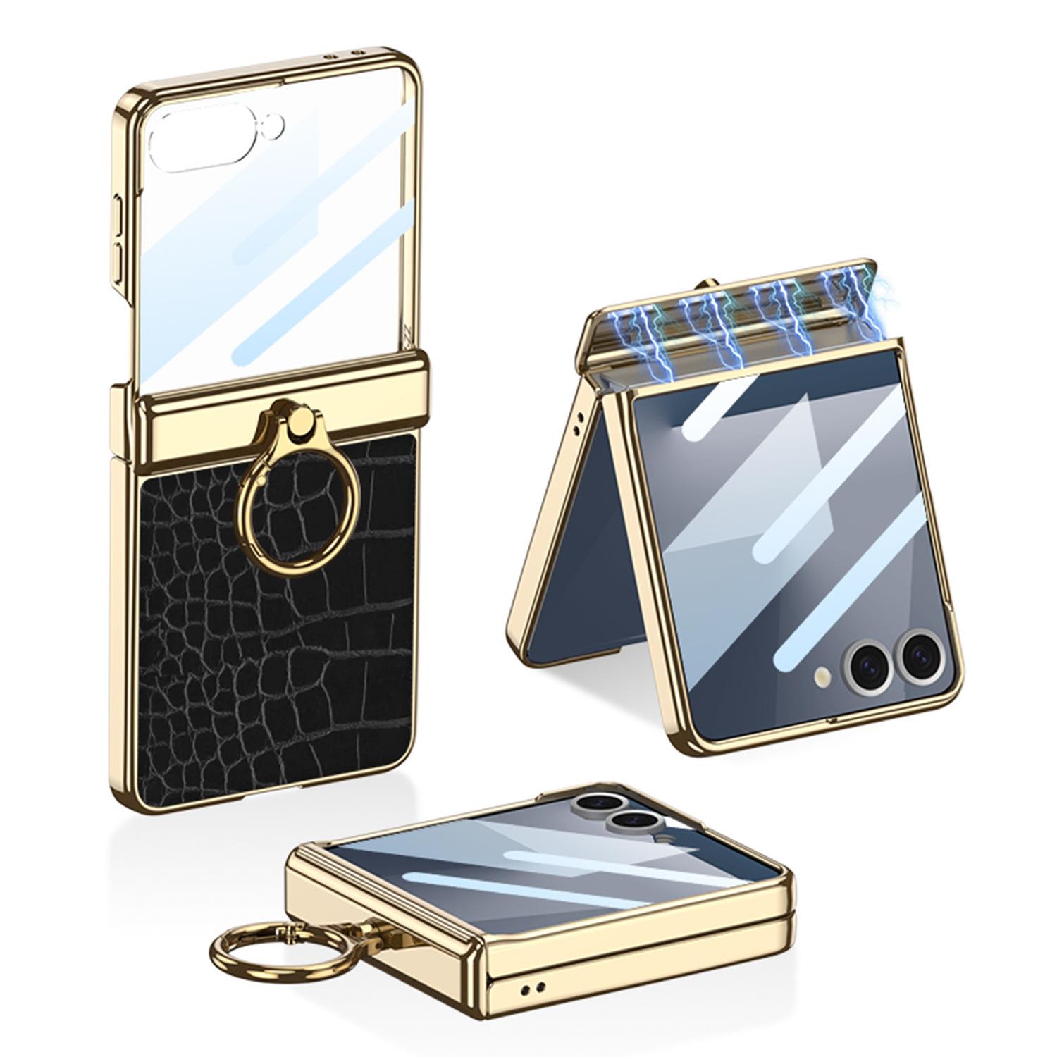 case for Samsung Z FLIP 7 Vegan leather magnetic swivel ring holder case with full-coverage electroplated crocodile pattern Galaxy Z Flip7 чёрный