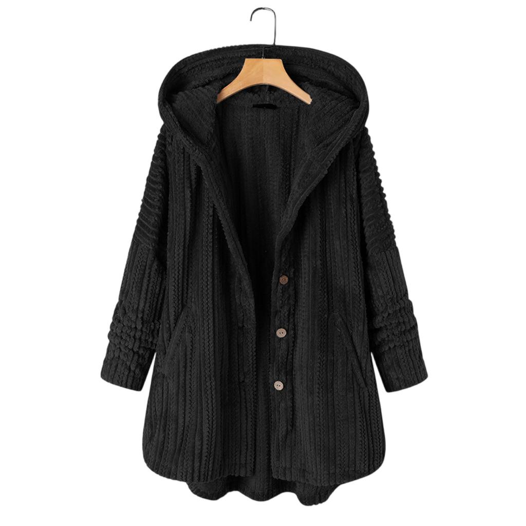 Women's Loose Button Plush Hooded Color Long-sleeved Mid-length Coat