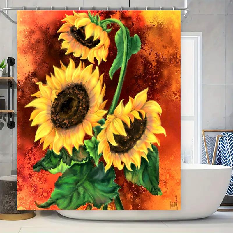 

Sunflower Shower Curtain Extra Long Rainproof Fabric Waterproof Washable Bathroom Decor Artistic Printing Orange Green Floral De W60H190(CM)-1 Pcs