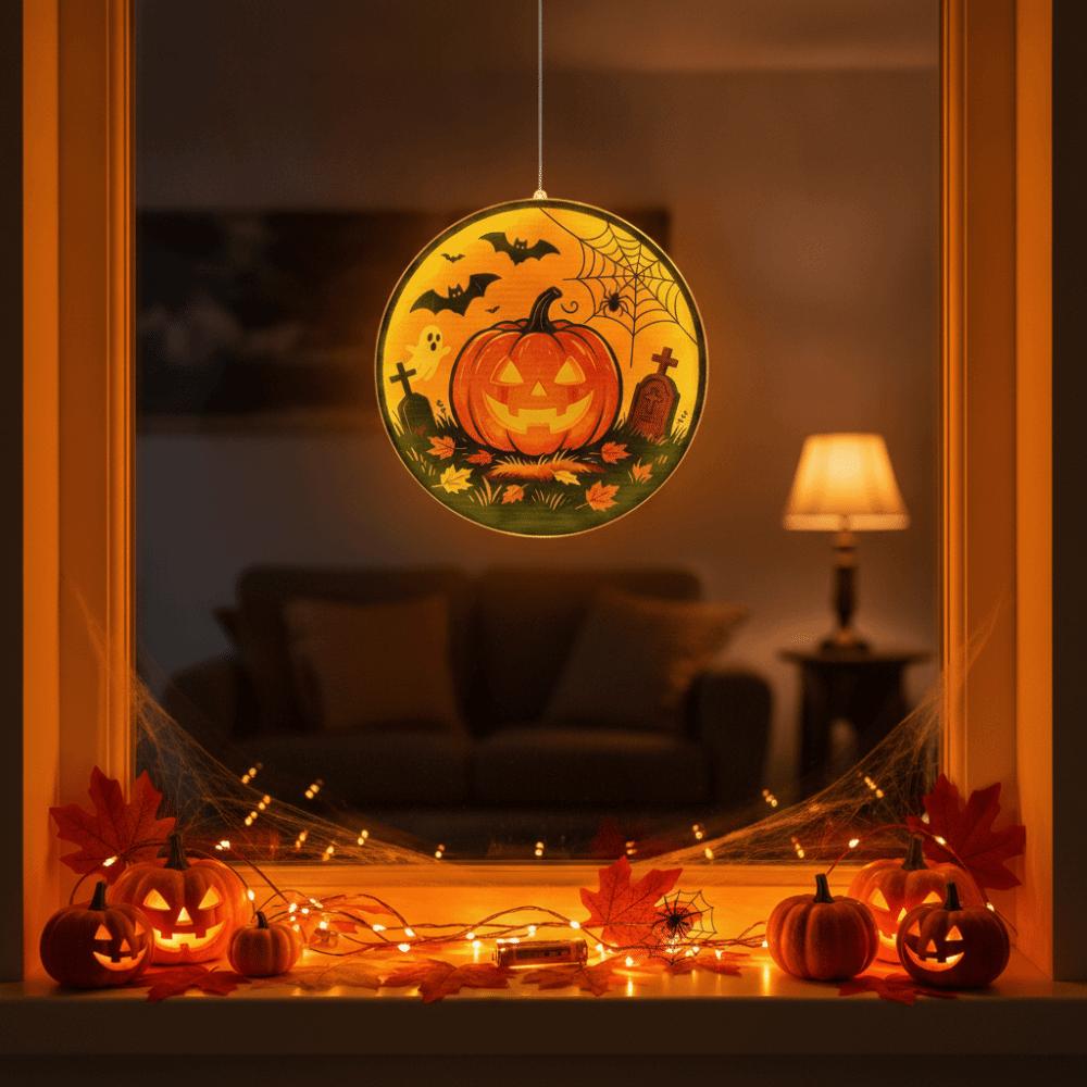 Warm Yellow Glow Pumpkin Hanging Lamp Ghost Silhouette Light Holiday House Decoration