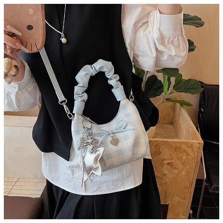 

Korean Style Ins Plaid Cloud Bag Hand-carried Women s Fashionable Niche Cross-body All-match Chain 18x9x16 single package синій