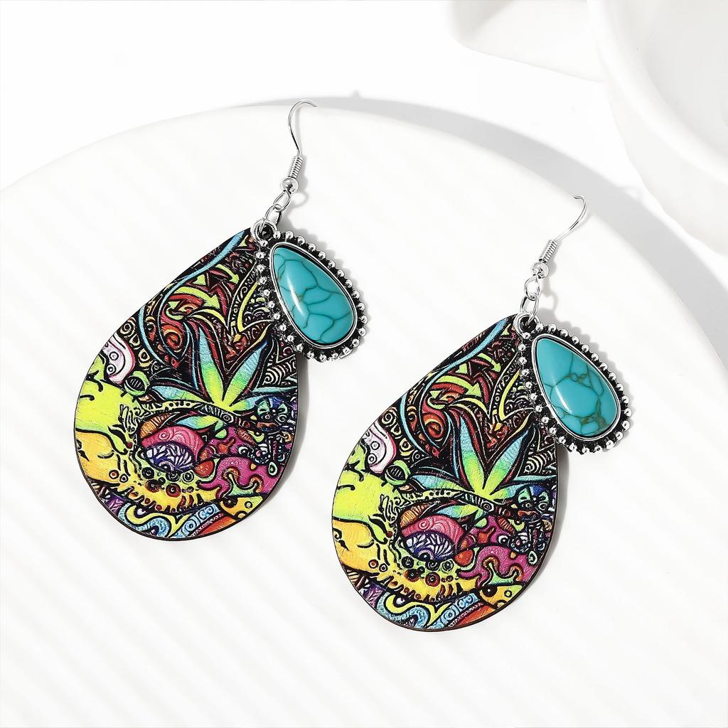 Eco-Friendly Earrings, Retro Water Drop-Shaped Wooden Earrings, Turquoise Earrings.