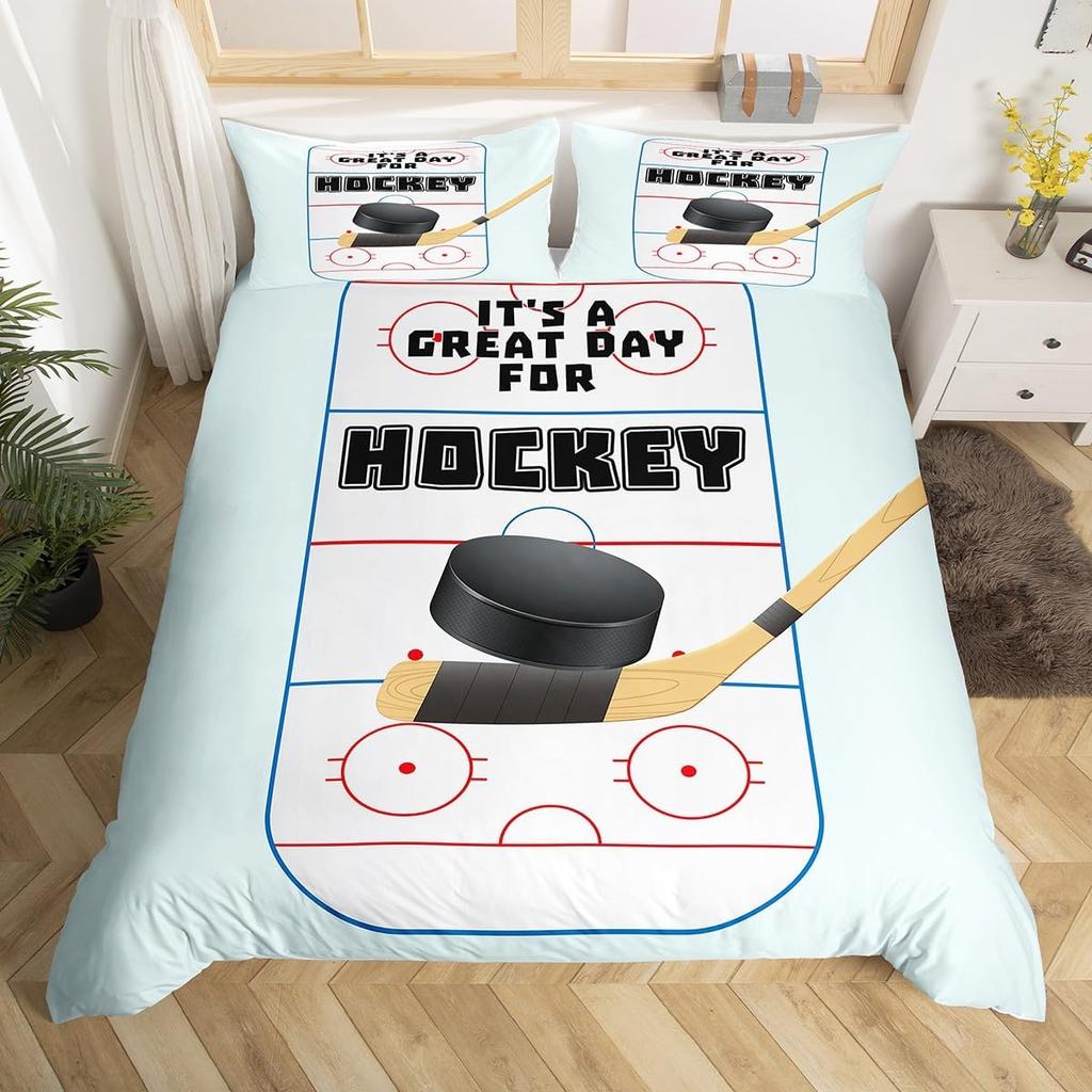 Ice Hockey Duvet Cover Twin Queen for Kids Boys Girl Young Man Winter Ice Sports Games Comforter Cover Helmet Skates Bedding Set