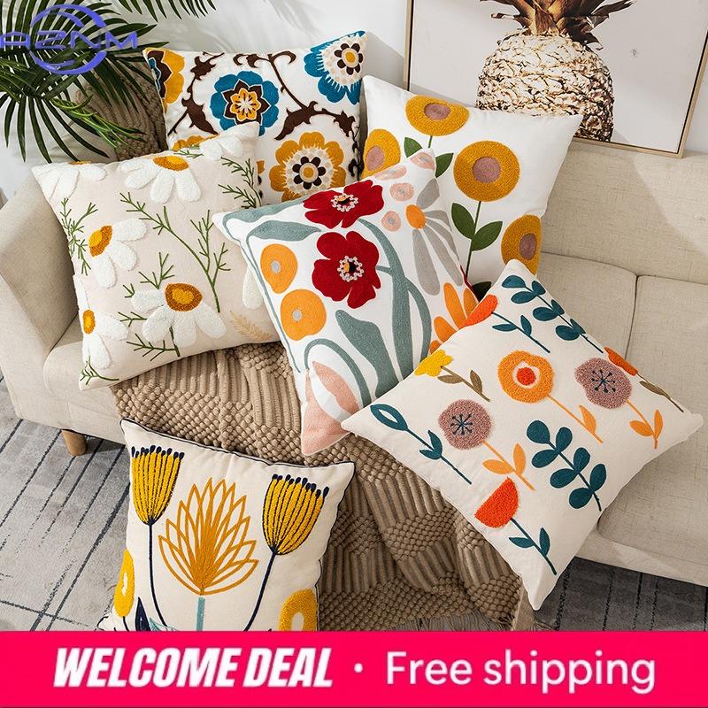 Towel embroidered Flower Cushion Cover Linen Simple Sofa Headboard Pillow Case Office Cushion Cover Cogines xcm