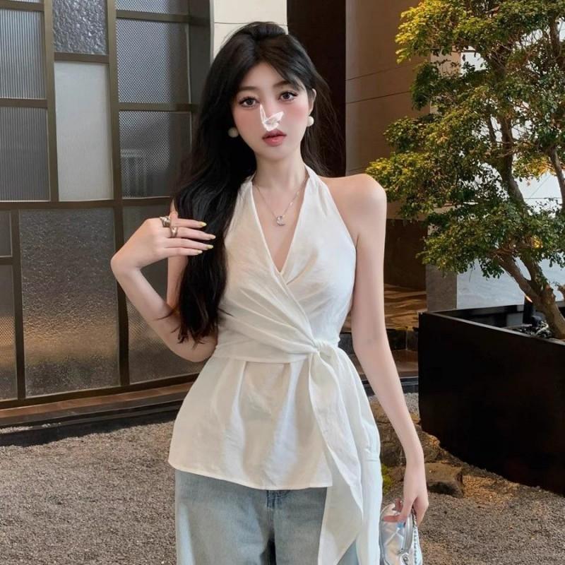 Womens Black Backless Halter Sleeveless Shirt Chic Slim Fit Tie Waist Blouse