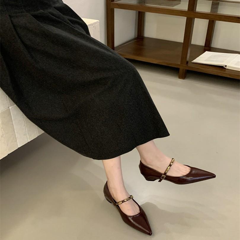 Korean version of thick heel Mary Jane retro small leather shoes women's 2025 new autumn pointed head shallow mouth retro word with single shoes