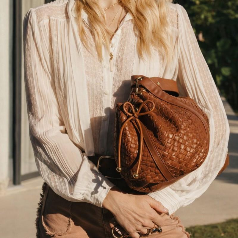 Large Capacity Woven PU Leather Tote Bag Women Soft Structured Shoulder With Drawstring Detail