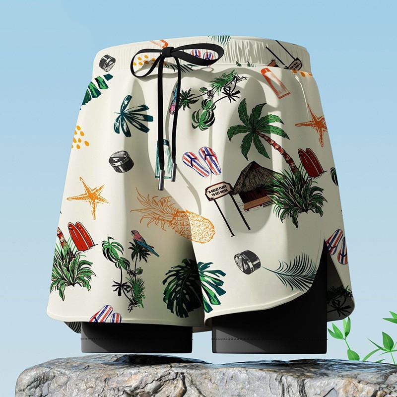 Mens Double-Layered Board Shorts Swim Trunks Quick-Dry Anti-Chafe Flat Front Beach Pool Surfing