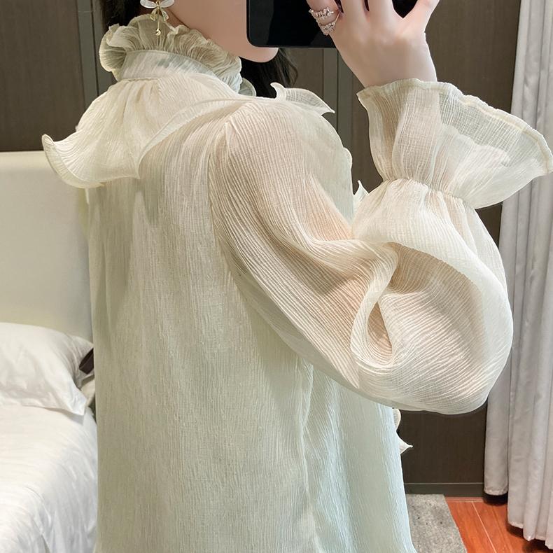 Elegantní jaro nové volánkový stojáček límeček s dlouhým rukávem šifon košile jednobarevné dámské halenky černá košile cardigan