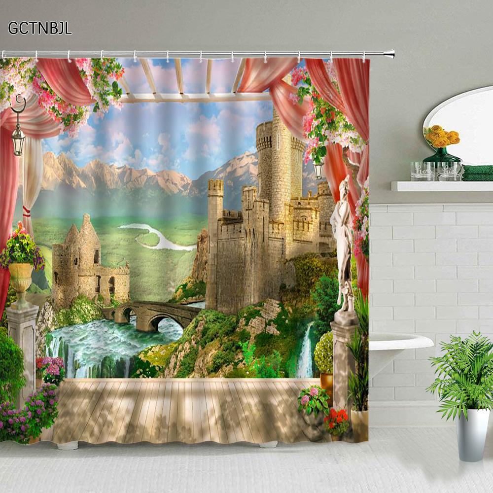 Waterproof Shower Curtain Set Flowers Arch Bridge Landscape Home Decor Bathroom Curtain Polyester Fabric Background Wall Decor