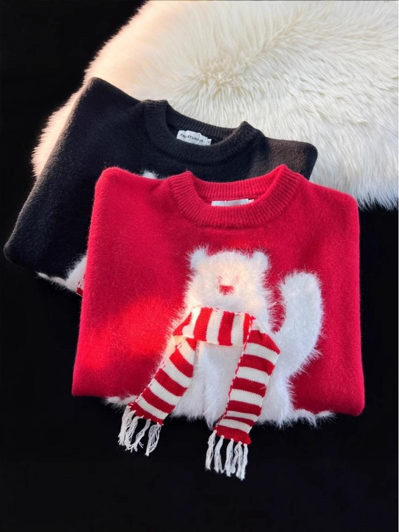 

2025 New Year Couple s Red Fair Isle Sweater with Scarf - Cozy Arctic Fleece Christmas Style M