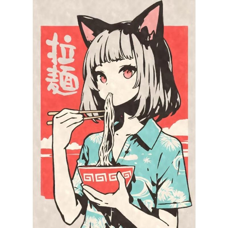 Cat Ear Anime Girl Eating Ramen Poster Aesthetic Anime Ramen Art Prints Japanese Style Cartoon Decor Sexy Girl Canvas Painting