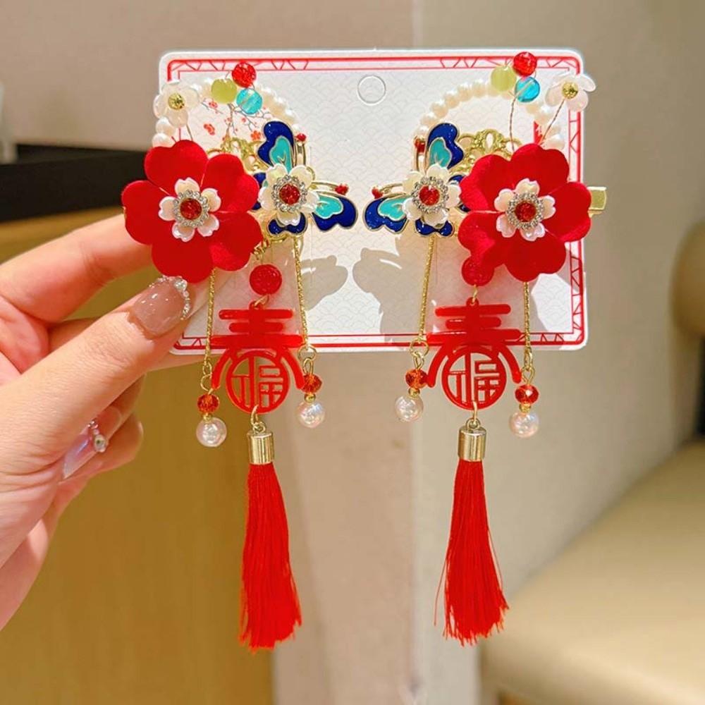 2pcs Bow New Year Tassel Barrettes Plush Ball Embroidered Bow Headwear Hanfu Hair Accessories  Kids