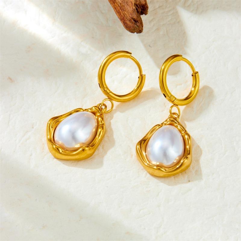 Gold Plated Baroque Pearl Drop Hoop Earrings for Women Stainless Steel