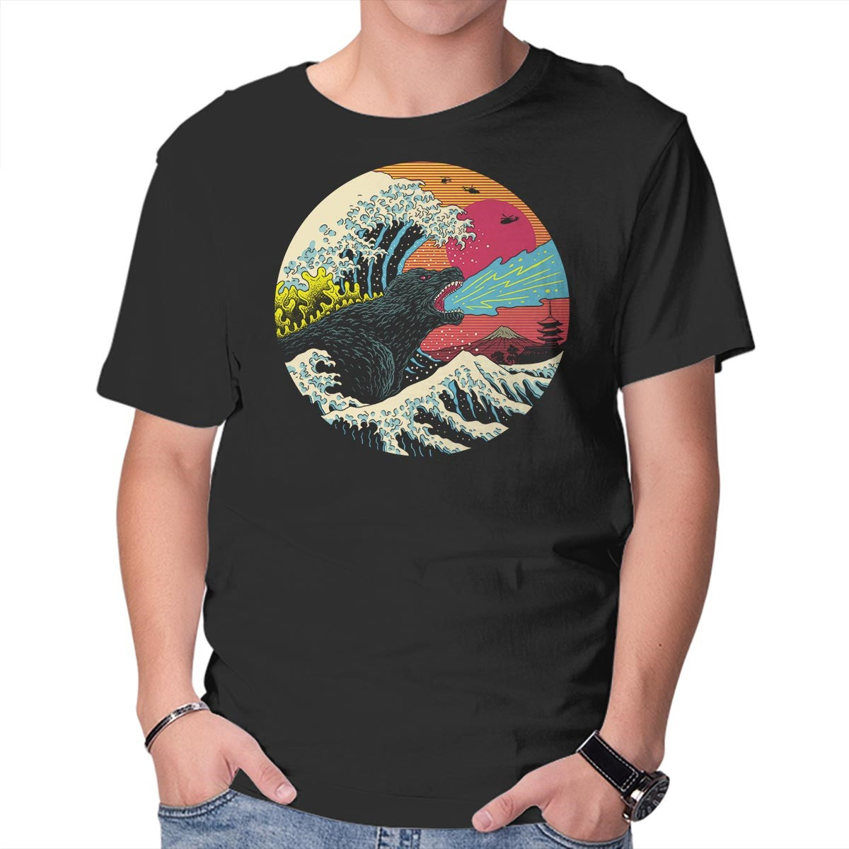 Unisex Crew Neck T-Shirt Retro Wave Kaiju Graphic Short Sleeve Casual Tee M