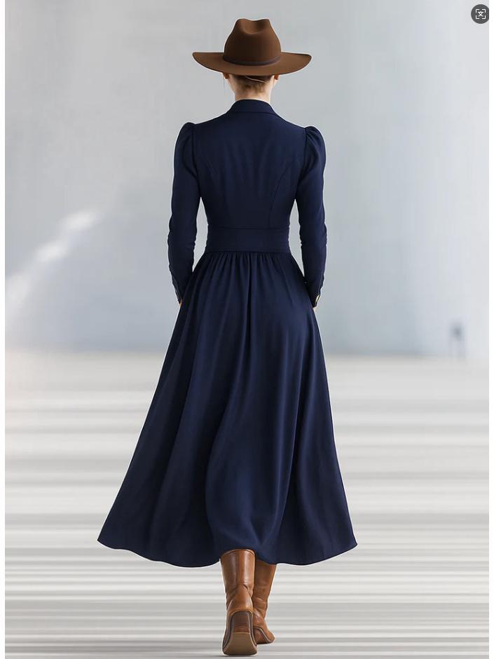 Elegant Waist-Cinching V-Neck Puff Sleeve Long Dress for Women