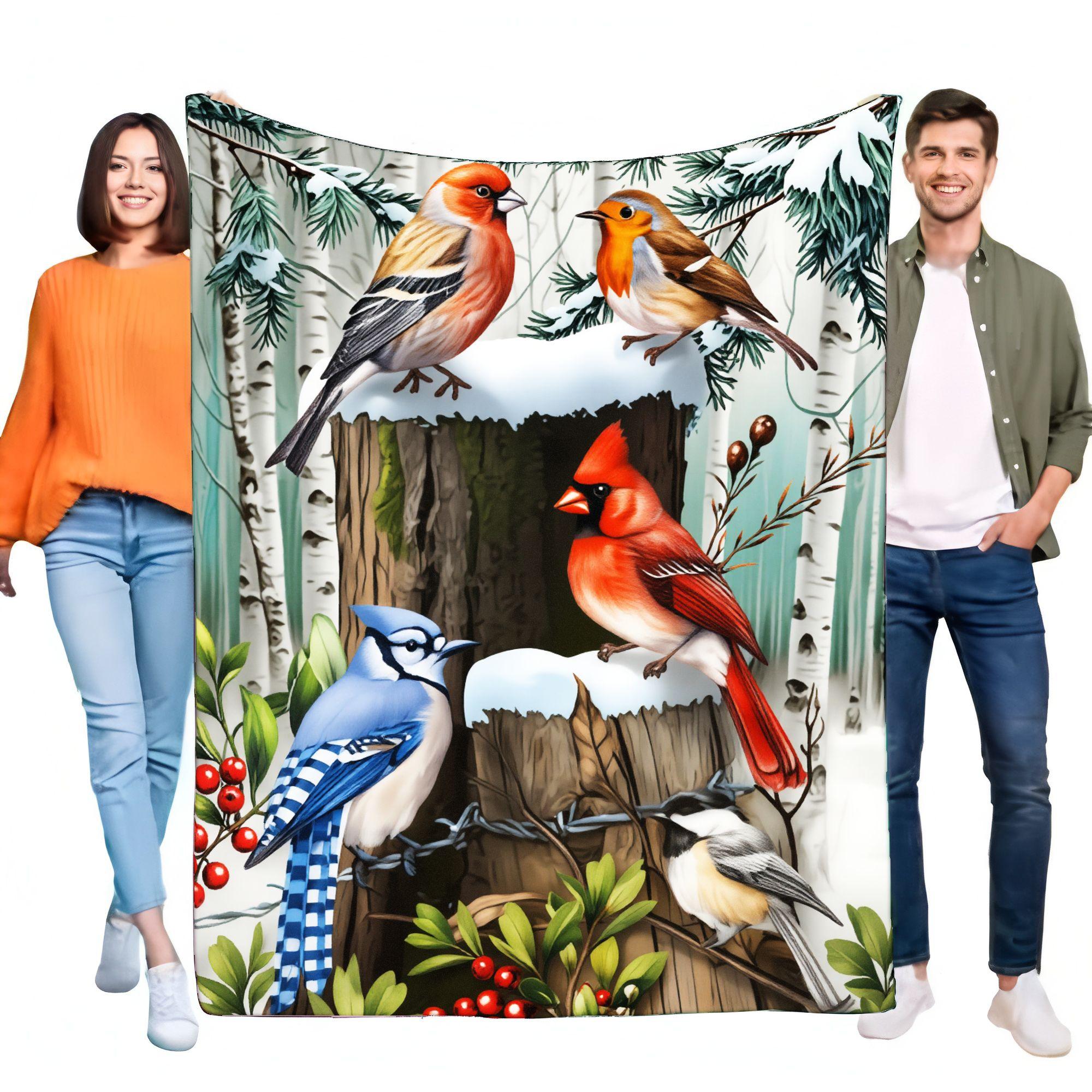 

Winter Wonderland Tapestry Blanket with Colorful Birds on Snowy Tree Stump Cozy Warm Throw for Living Room Bedroom Decor Perfect 75cmx90cm