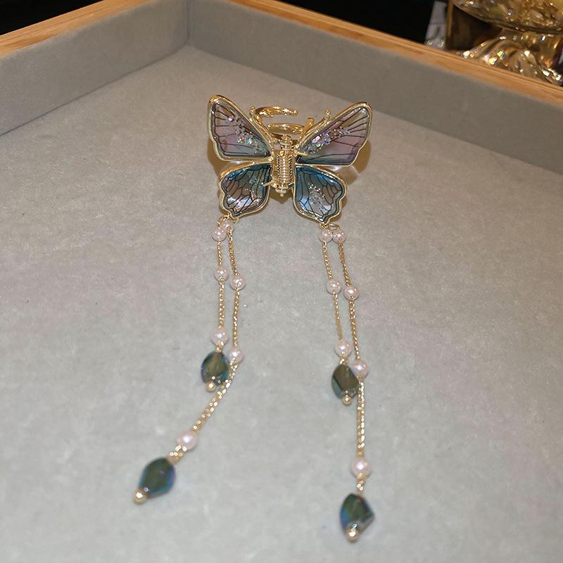 Super fairy butterfly imitation pearl crystal fringed small grab clip elegant back head ponytail hair temperament hairpin