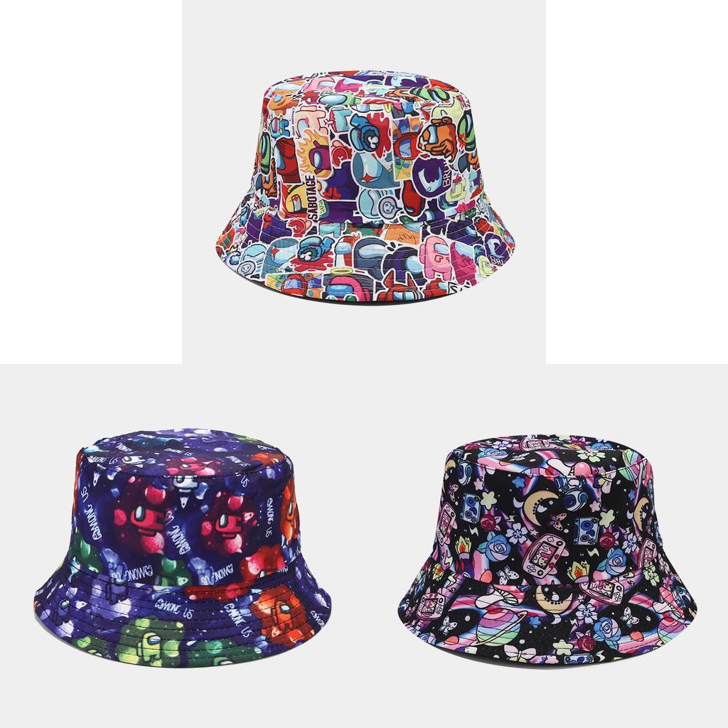 Cartoon Anime Fishman Flat Top Bucket Hat With Breathable Cotton For Spring Summer Casual Wear