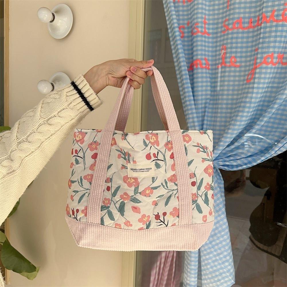 Vintage Flower Pattern Quilted Tote Bag Soft Cotton Commuter Organizer Bag For Daily Use