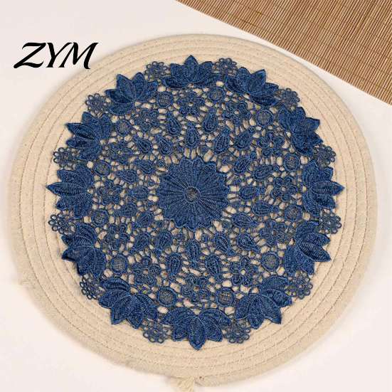 Heat Insulating Coasters Round Lace Doily, Dark Blue Floral Placemat, Embroidered Table Decorative Centerpieces Mat, Heat-resistant Doilies