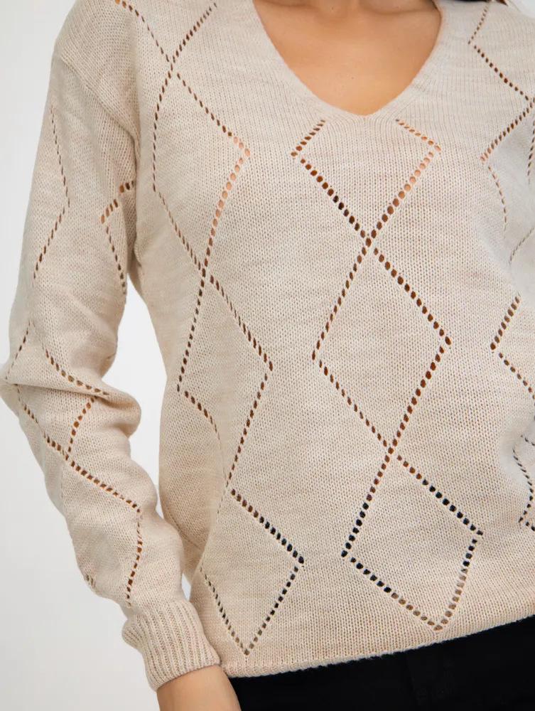 European & American V-Neck Plaid Knit Sweater - Women's Long Sleeve Loose Fit